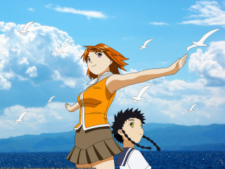 Girl boy water birds sky - visual free wallpaper