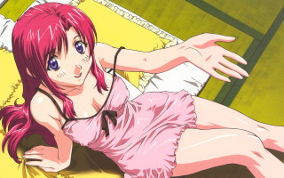 Pink haired woman laying bed - white shirt free wallpaper for desktop