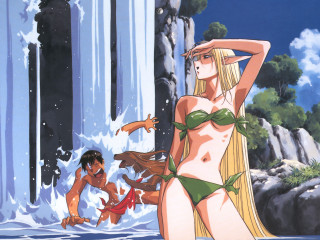 Waterfall woman bikini dog outdoors - neogeo free wallpaper