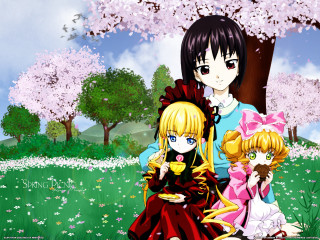 Anime girls flower field spring - a field of flowers and trees free wallpaper