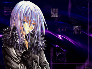 Anime purplehair blackcoat furcollar bluebackground - orphism free wallpaper