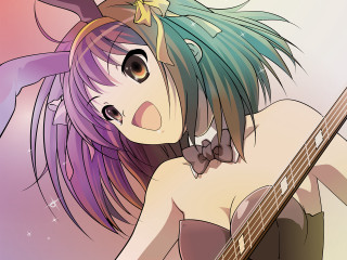 Girl guitar bow purple hair - a purple hair free wallpaper