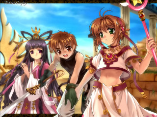 Anime girls swords castle sky - three anime girl free wallpaper for desktop