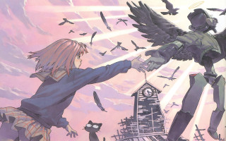 Woman bird arm pink sky - aya goda free wallpaper for desktop