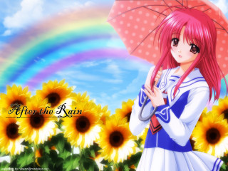 Pink hair girl sunflower rainbow - a rainbow in the background free wallpaper