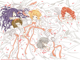 Anime girls bed wings hearts - top of a bed together free wallpaper for desktop