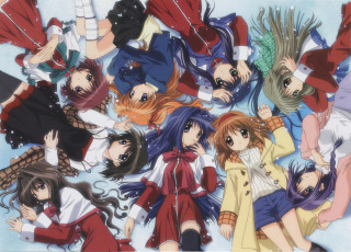 Anime girls group puzzle blue - a picture together free wallpaper