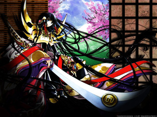 Anime girl sword flower trees - a window behind her free wallpaper