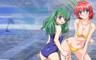 Beach anime girls palm trees 3 - suit free wallpaper for desktop