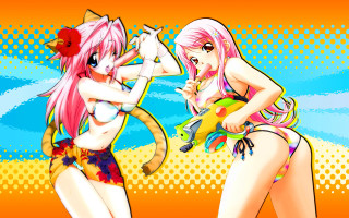 Pink hair anime girls cat - a banana free wallpaper