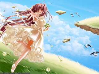Girl flying wind birds anime - a girl in a dress free wallpaper for desktop