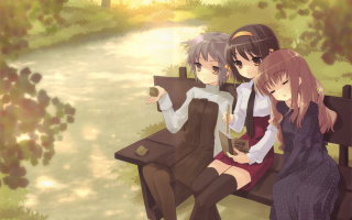 Park bench three girls reading - three person free wallpaper