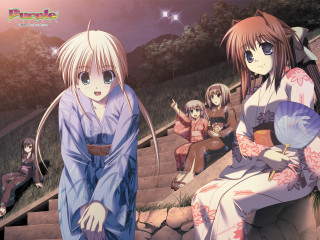 Anime girls stairs parasol kimono - a set of stairs free wallpaper