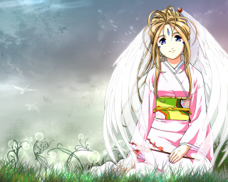 Angel wings blonde girl kimono - a grass free wallpaper