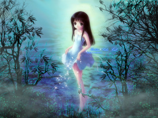 Girl blue dress field moon - a blue sky background free wallpaper