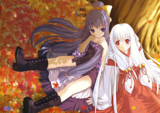 Fall leaves anime girls holding - the others hand free wallpaper