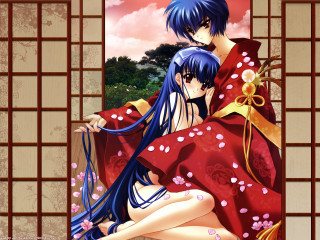 Anime couple sitting flower kimono - a couple of anime characters sitting next free wallpaper
