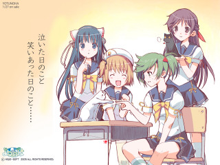 Girls sitting cellphone animalears schooluniform - official art free wallpaper for desktop