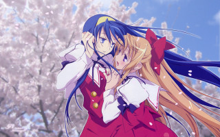 Girl red dress umbrella flower - official art free wallpaper for desktop