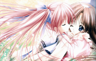 Pink hair ponytail hugging long - a pink shirt free wallpaper