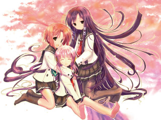 Anime girls pink background long 4 - a group of anime girls sitting next free wallpaper