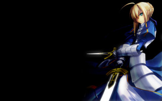 Woman blue dress sword armor - a black background behind her free wallpaper