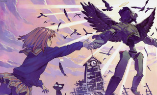 Flying angel birds building anime - a building in the background free wallpaper for desktop