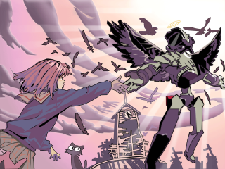 Woman bird angel suit hood - her hand and a man in a suit free wallpaper