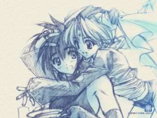 Hugging girls blue white manga - a blue background behind them free wallpaper