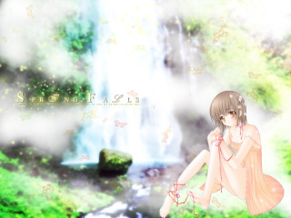 Girl waterfall holography anime barefoot - a rock in front free wallpaper for desktop