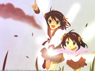Anime girls pointing sky brown - a cloud free wallpaper