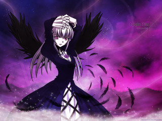 Anime girl purple background black - black hair free wallpaper
