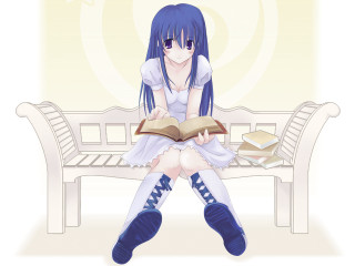 Girl bench reading bluehair purpleeyes - a bookmark free wallpaper