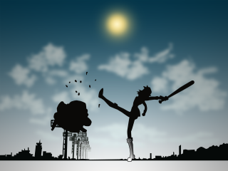 Woman statue city skyline moon - a baseball bat in front free wallpaper