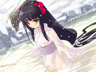 Girl white dress red bow - long black hair free wallpaper for desktop