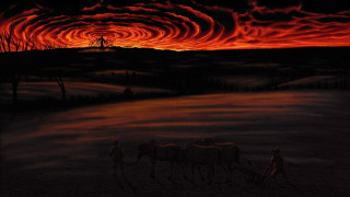 Sunset horses windmill painting landscape - a painting of a sunset free wallpaper
