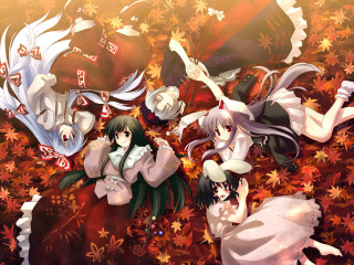 Anime girls leaves flowers autumn 2 - top of a bed free wallpaper