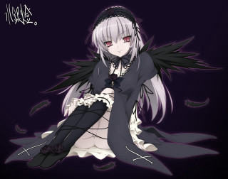Anime girl white hair black 7 - black wing free wallpaper
