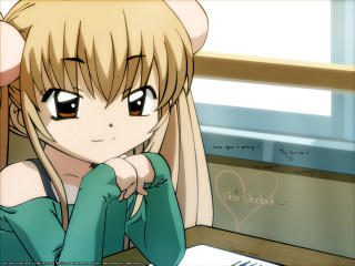 Blonde girl green shirt anime - her chin free wallpaper