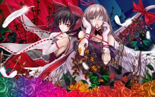 Anime girls roses rainbow umbrella - two anime girl free wallpaper