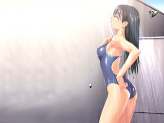 Rainy anime woman in wetsuit - a wet suit free wallpaper