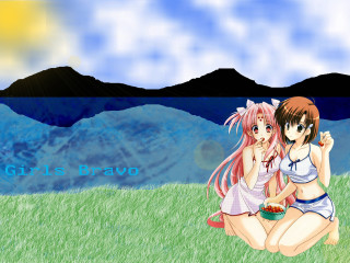 Anime girls field mountains sky - the background and a sky background free wallpaper for desktop