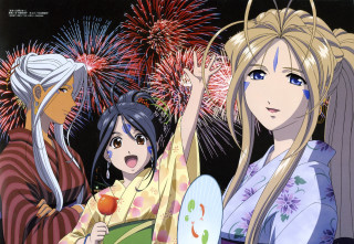 Anime girls fireworks fan kimono - a fan free wallpaper for desktop