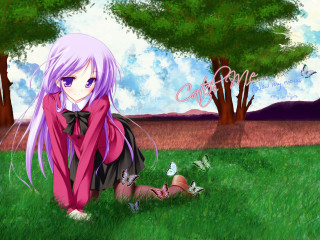 Purple hair girl sitting in - a cat free wallpaper