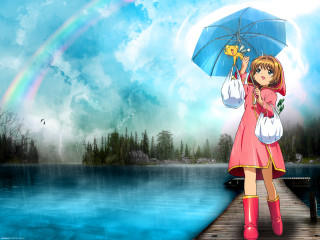 Girl umbrella dock lake rainbow - anime visual free wallpaper