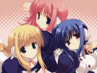 Three anime girls pink background 2 - polka dot free wallpaper