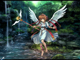 Girl wings sword forest waterfall - a forest free wallpaper