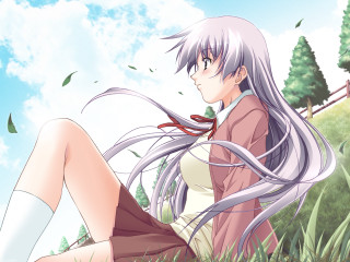 Woman sitting long hair forest - her body free wallpaper