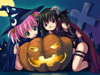 Halloween witches pumpkin moon girls - lantern free wallpaper