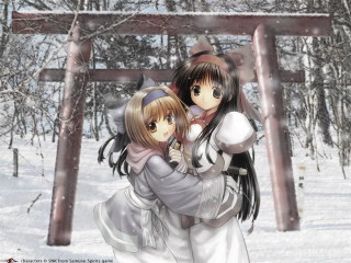 Anime girls hug snow torii - official art free wallpaper for desktop